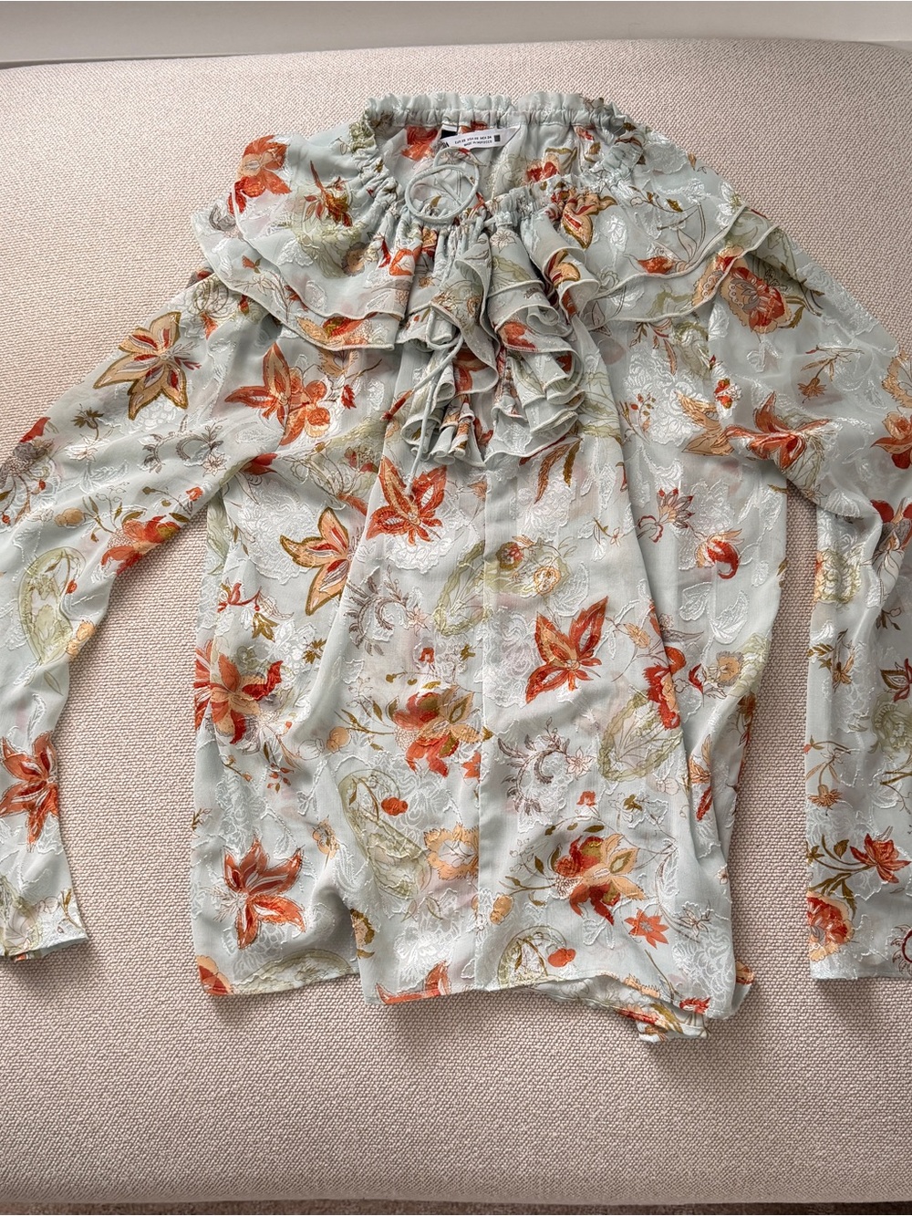 Floral Ruffle Neck Long-Sleeve Top in Light Blue and Orange